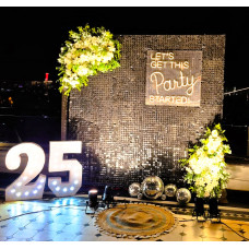 25th Celebration Backdrop Decoration with Neon Sign & Floral Decor